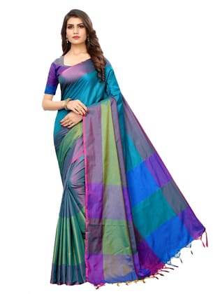 Generic Women's Cotton Silk Saree with Blouse (Sea Green, 5 - 6 Mtrs)