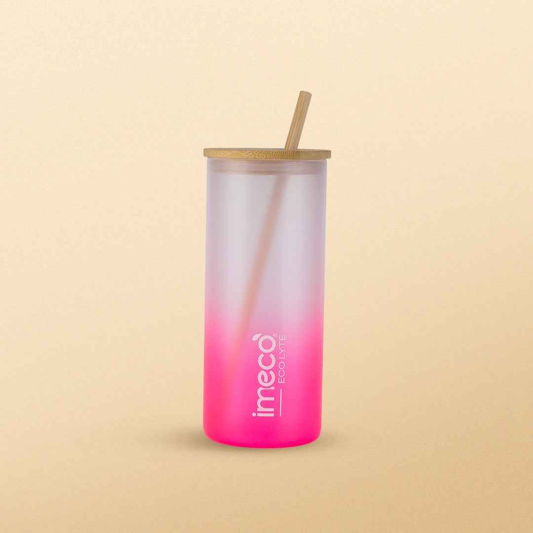 IMECO ECO LYTE Gradient Glass Sipper with Straw (Pink, 600 ml) | Durable Borosilicate Glass | Daily Hydration & Travel