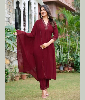 VIBE VISION Silk Blend Solid Kurti With Pants Women's Stitched Salwar Suit - Maroon ( Pack of 1 )