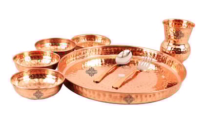 IndianArtVilla Handcrafted Pure Copper Hammered Traditional Design Thali Dinner Thali Set, 8 Pieces Set-1