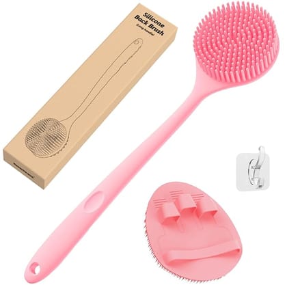ManmiHealth Silicone Back Scrubber(Thick Bristles) & Soft Bath Glove Set, Super-Exfoliating Body Scrubber & Super-Lathering Shower Brush Combination, with a Free Hook.(Pink)