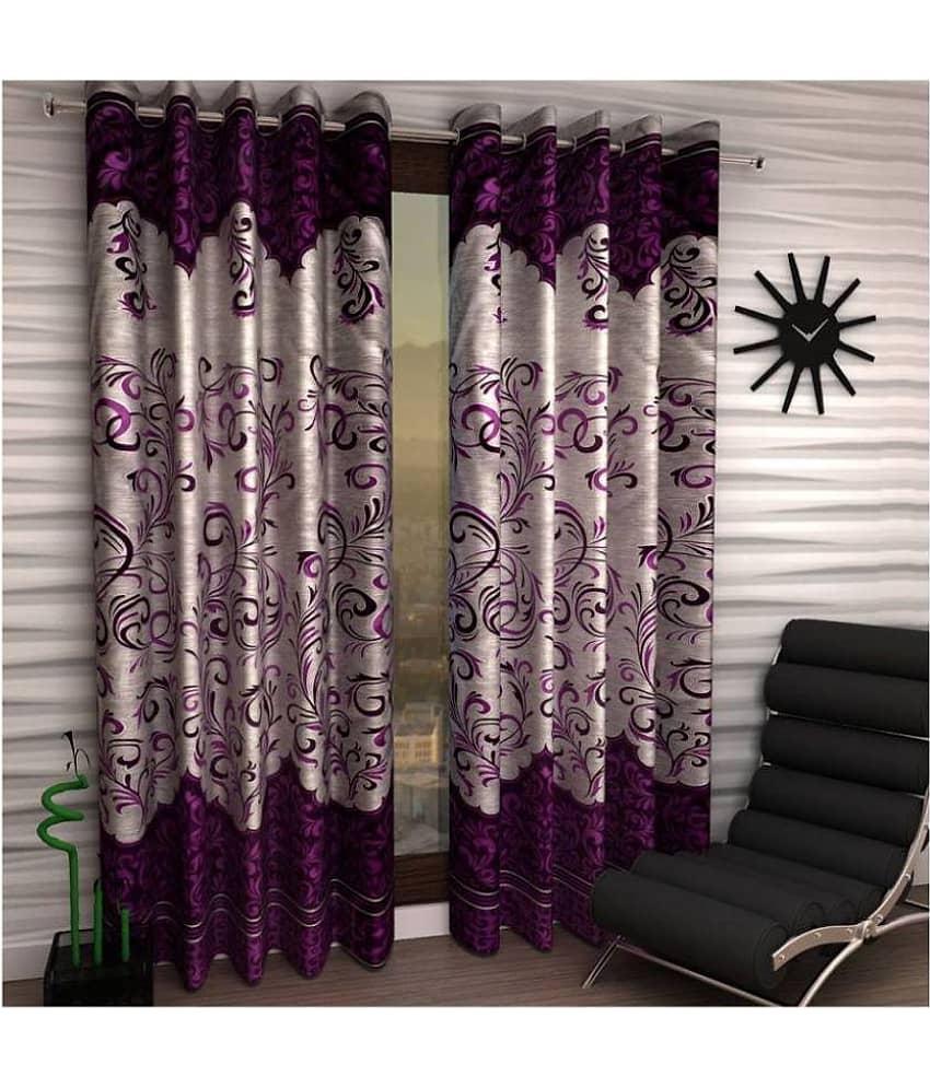 Phyto Home Floral Semi-Transparent Eyelet Door Curtain 7 ft Pack of 6 -Purple