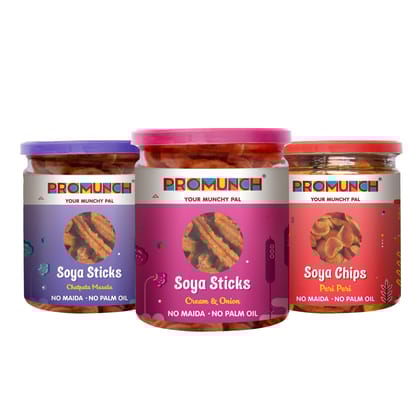PROMUNCH Combo Pack - Soya Sticks (Chatpata Masala , Cream Onion) + Soya Chips (Peri Peri) - Pack  of 3; 80g Each