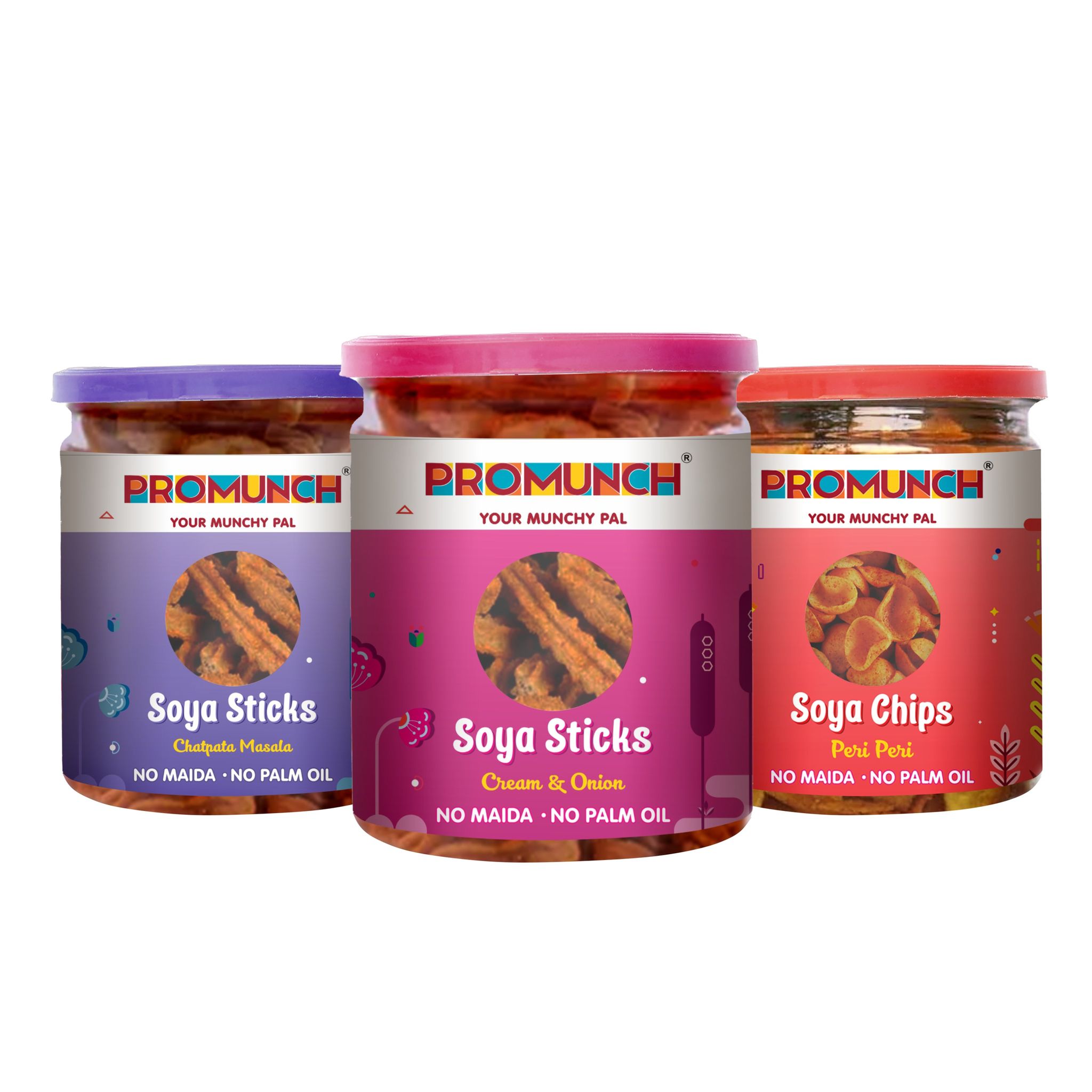PROMUNCH Combo Pack - Soya Sticks (Chatpata Masala , Cream Onion) + Soya Chips (Peri Peri) - Pack  of 3; 80g Each