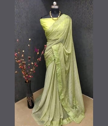 KV Fashion Lycra Embellished Saree With Unstitched Blouse Piece ( Sea Green )
