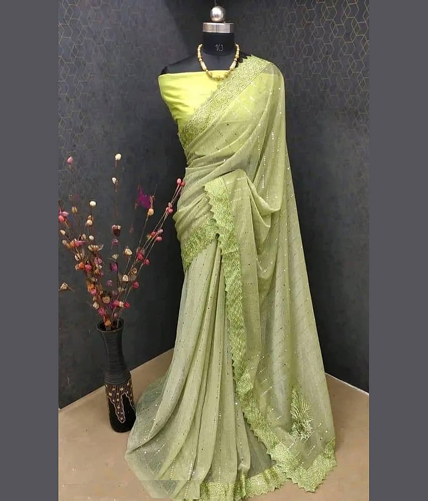 KV Fashion Lycra Embellished Saree With Unstitched Blouse Piece ( Sea Green )