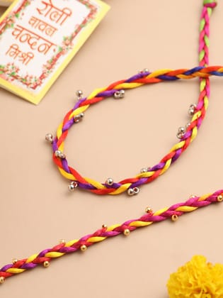 NVR Men Multicolor Artificial Beads Thread Rakhi with Roli Chawal Chandan & Mishri-One Size / Multicolor