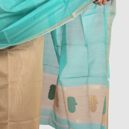 Aqua Green Maheshwari Silk Cotton Suit with Gold Zari Border