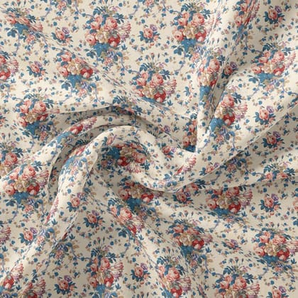 Beautiful Ditsy Flowers On Blue Digital Printed Fabric-Polyester / Japan Satin / 110 CM | 43 Inch
