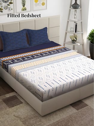White & Blue Geometric 300 TC Fitted King Bedsheet with 2 Pillow Covers