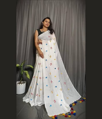 SARADA HANDLOOM Cotton Embroidered Saree With Unstitched Blouse Piece ( White )
