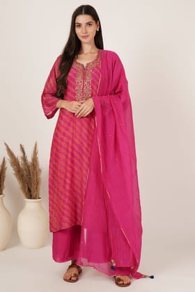 Pink Orange Lehariya chanderi kurta set of 3-S