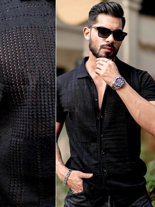 Wrap FlatKnit Cotton Black Half Sleeve Shirt-S / Black