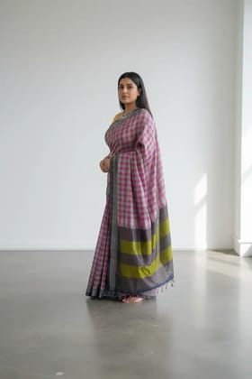 Handwoven Ilkal Cotton Saree in Pink Green and Silver Checks