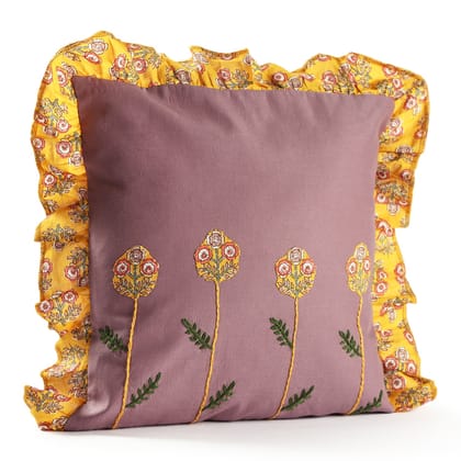 Applique Cushion Cover Set of 2-12 inches x 12 inches / Cotton / Lavender/Yellow