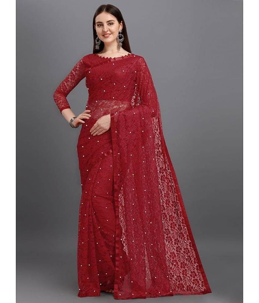 VANRAJ CREATION Brasso Self Design Saree With Unstitched Blouse Piece ( Maroon )