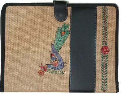 Handmade Tikuli Painting Jute File Folder - Eco-Friendly Document Organizer with 2 Compartments for A4 Size