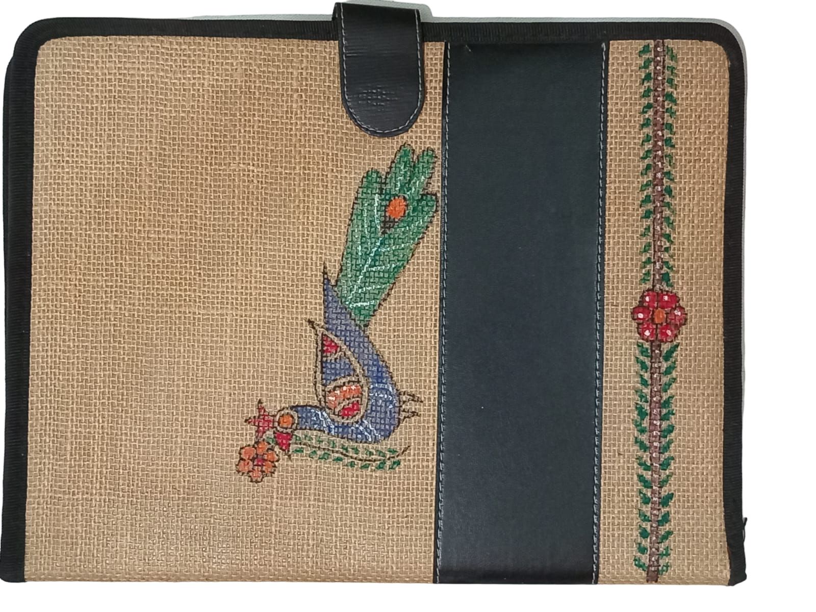 Handmade Tikuli Painting Jute File Folder - Eco-Friendly Document Organizer with 2 Compartments for A4 Size