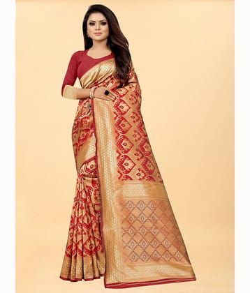 Gazal Fashions Banarasi Silk Embellished Saree With Unstitched Blouse Piece ( Red )