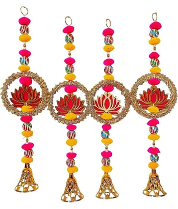 Handmade Lotus Wall Hanging with Bells & Pom-Poms | Ethnic Festive Home Decoration for Diwali, Navratri, Ganesh Chaturthi, Wedding & Pooja Décor(set of 4)