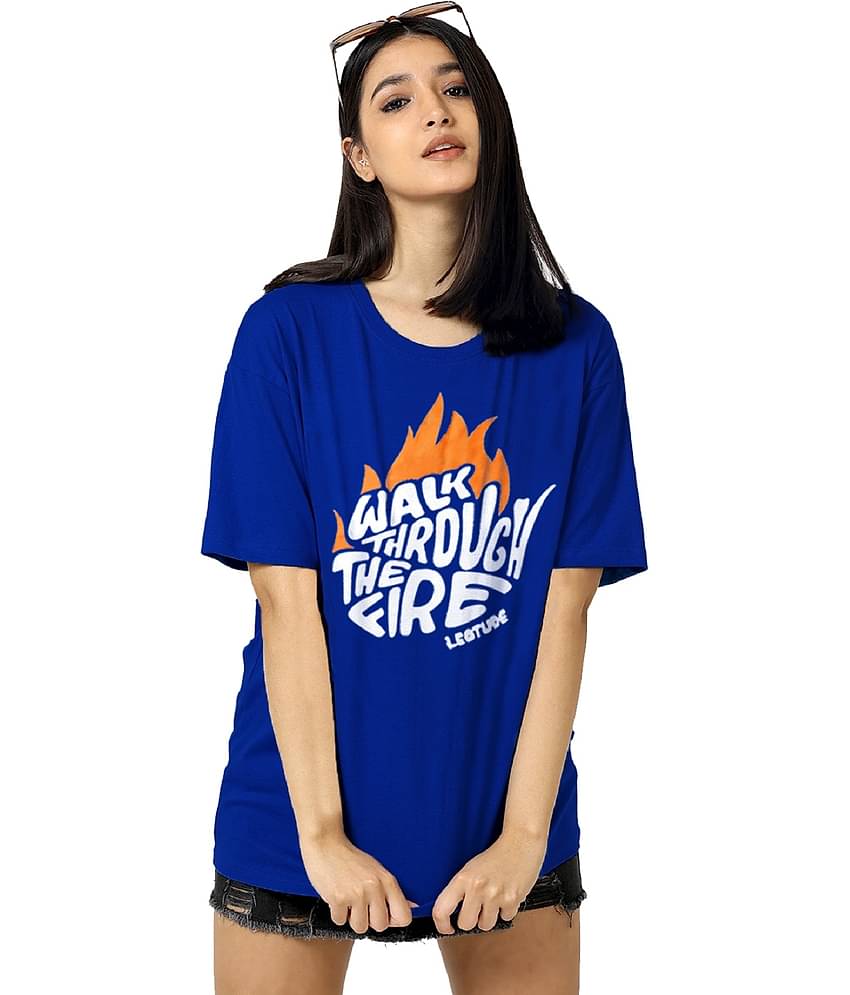 Leotude Women Cotton Blend Printed Oversized Fit Round Neck T-Shirt ( Blue )