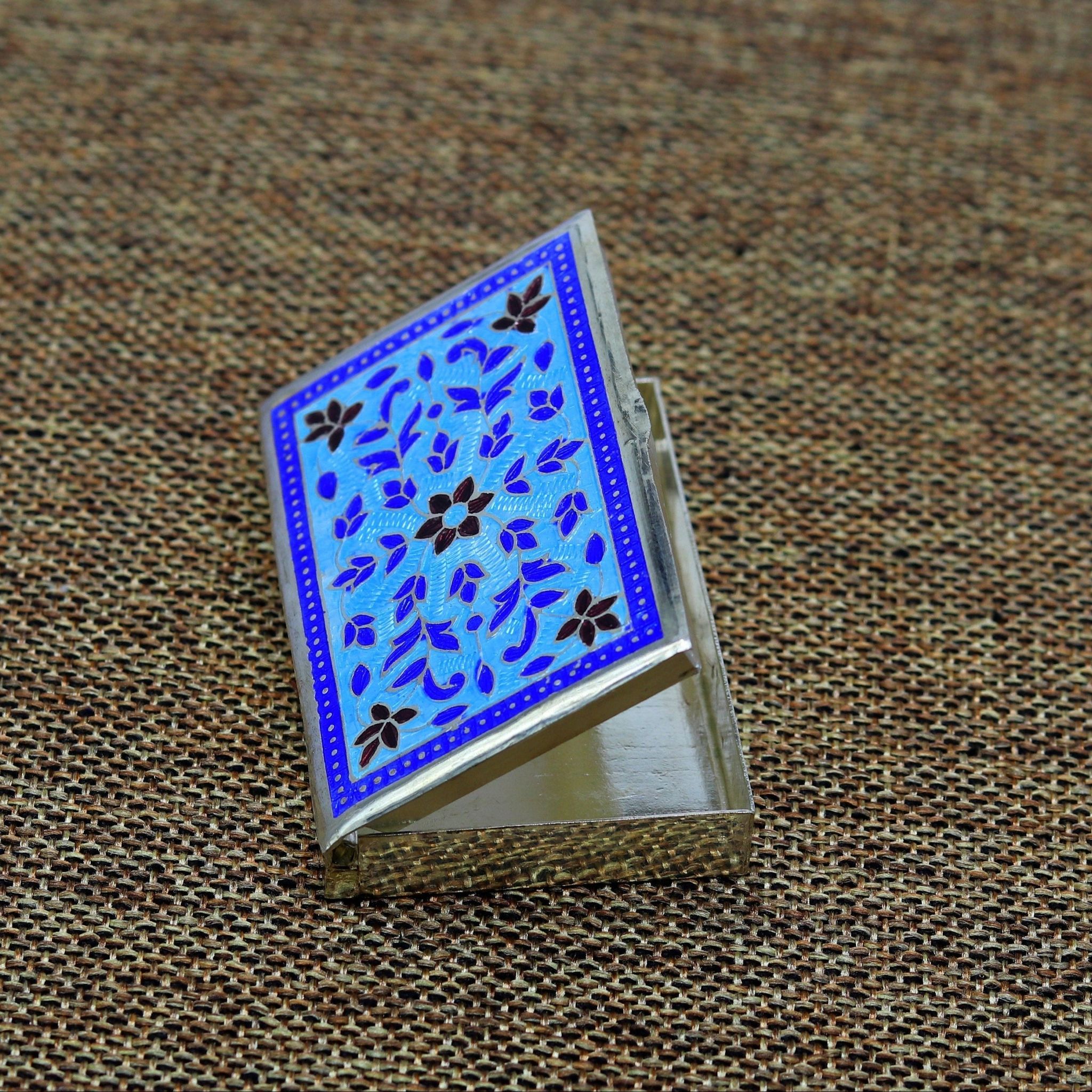 Handmade pure silver 925 sterling silver floral enamel work customize trinket, jewelry box, pills box, silver utensils brides gift stb29