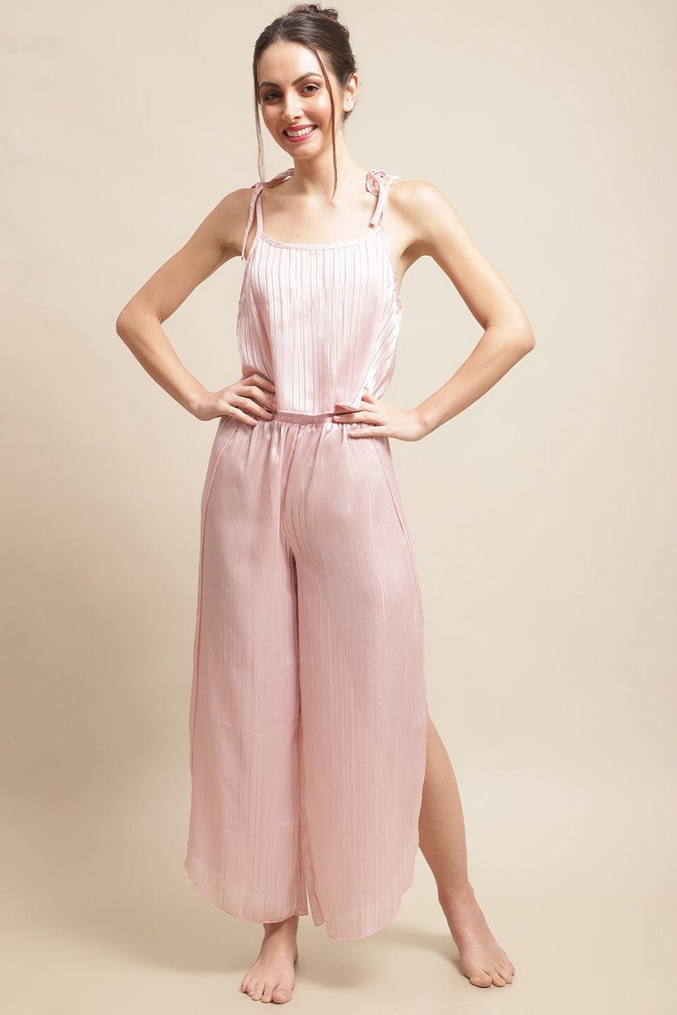Pink Color Striped Printed Viscose Rayon Pyjama & Top  Beachwear For Woman-m
