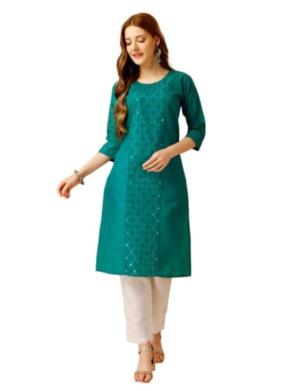 Women's Casual 3-4 th Sleeve Embroidery Cotton Kurti Pant Set (Light Green, XL)-PID50230