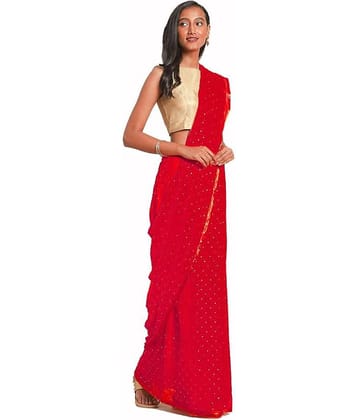 Bhuwal Fashion Georgette Sequined Saree With Unstitched Blouse Piece ( Red )