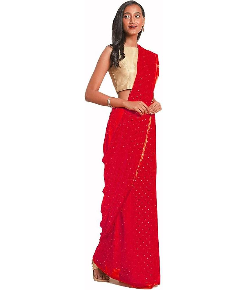 Bhuwal Fashion Georgette Sequined Saree With Unstitched Blouse Piece ( Red )