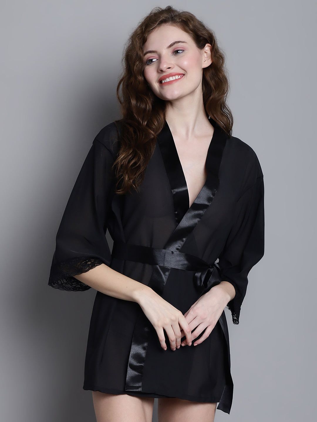 Overall Net With Satin Lace Robe-M / Black