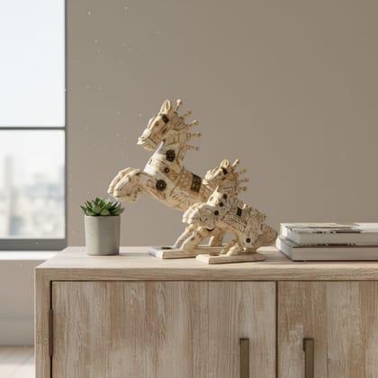 Wooden Carved Horse Pairs Statue, Distressed Horses Scalpture Pairs