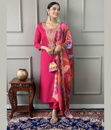 piludi Viscose Embroidered Kurti With Pants Women's Stitched Salwar Suit - Pink ( Pack of 1 )