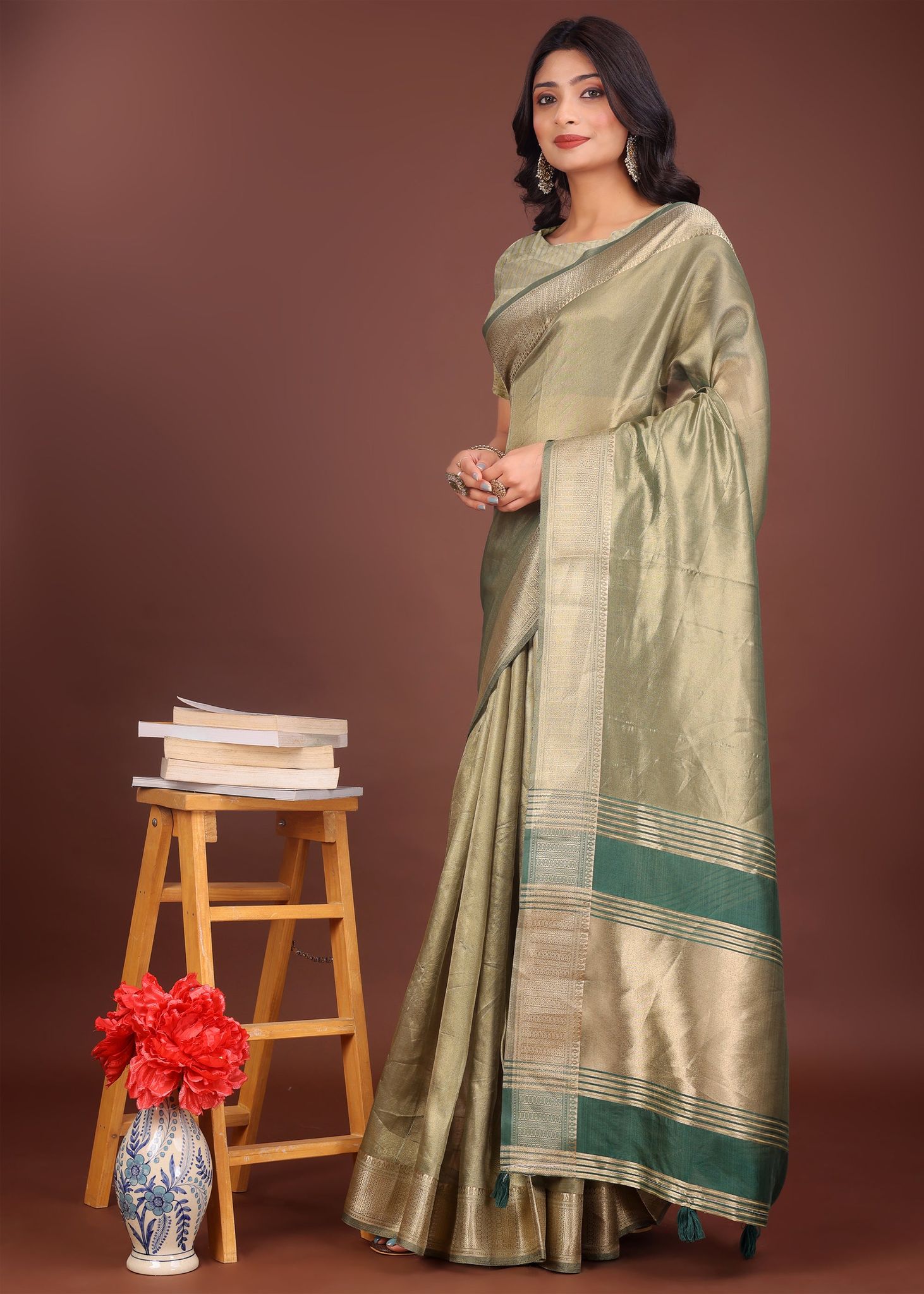 Saga Green Woven Organza Silk Saree