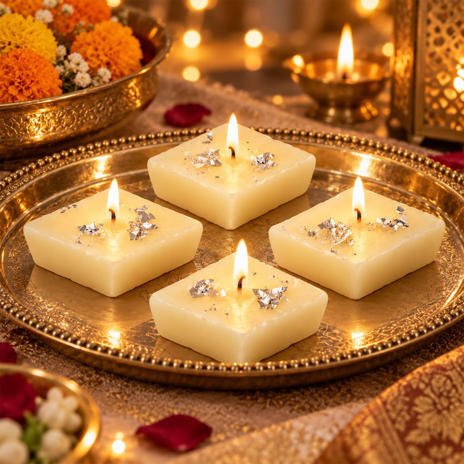 Kajukatri Design Wax Candles with Silver Foil for Diwali Pooja Decor (4 Pc Set)