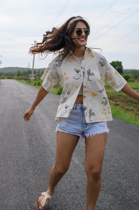 Handblock Printed Cotton Shirt - Black and Yellow-XS