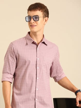 Pink Checked Full Sleeve Casual Shirt-M