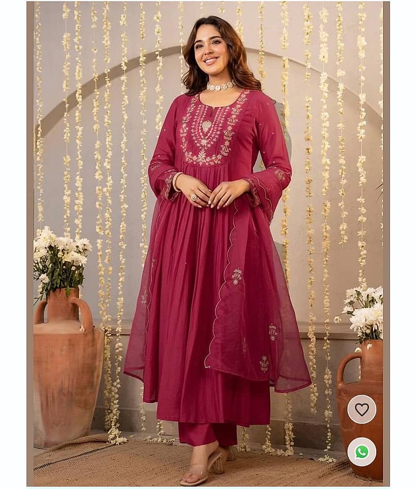 Mahek Fashion Women Silk Blend Embroidered Flared Kurti With Pants ( Maroon )