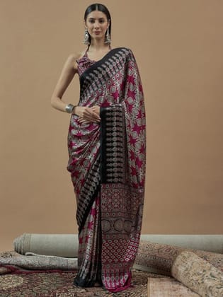 Maroon Ajrak Crepe Block Print Sarees