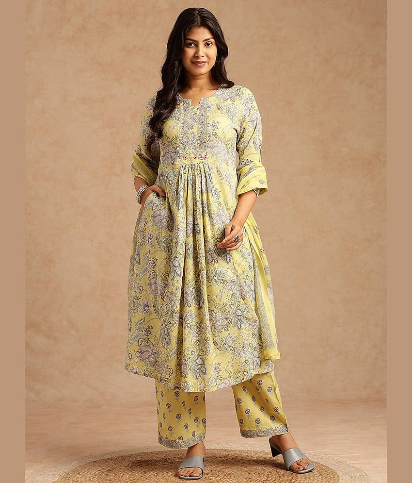 Vbuyz Women Cotton Printed A-Line Kurti With Palazzo ( Yellow )