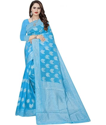 Samai Cotton Woven Saree With Unstitched Blouse Piece ( Light Blue )