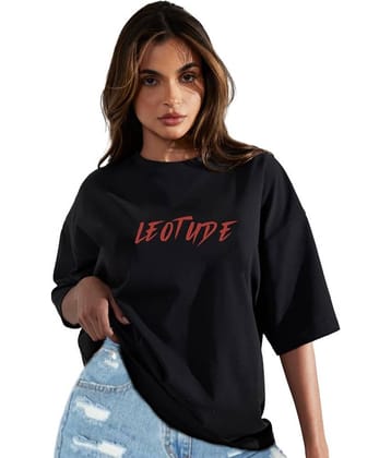 Leotude Women Cotton Blend Printed Oversized Fit Round Neck T-Shirt ( Black )