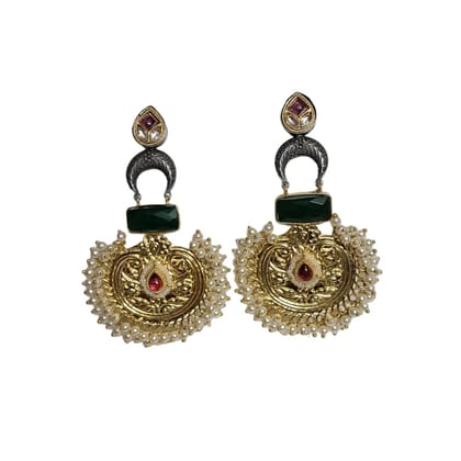 Anvaya Collections Traditional Oxidized Brass Earrings with Green Stone, Pearl Fringe, and Antique Gold Finish
