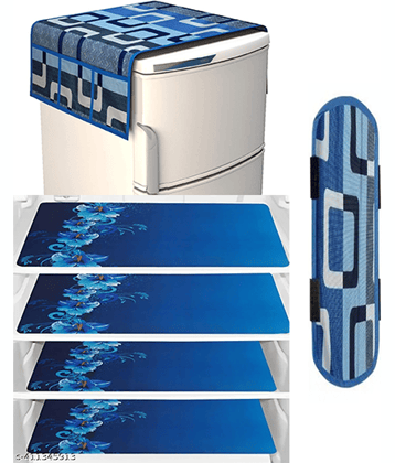 Crosmo Polyester Floral Fridge Mat & Cover ( 99 53 ) Pack of 6 - Blue