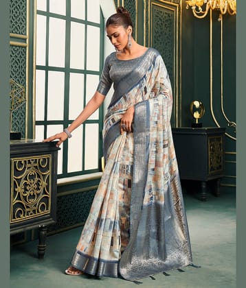 Satrani Cotton Blend Printed Saree With Unstitched Blouse Piece ( Off White )