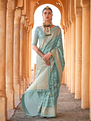 Turquoise Blue Soft Silk Stripes Printed Leheriya Saree
