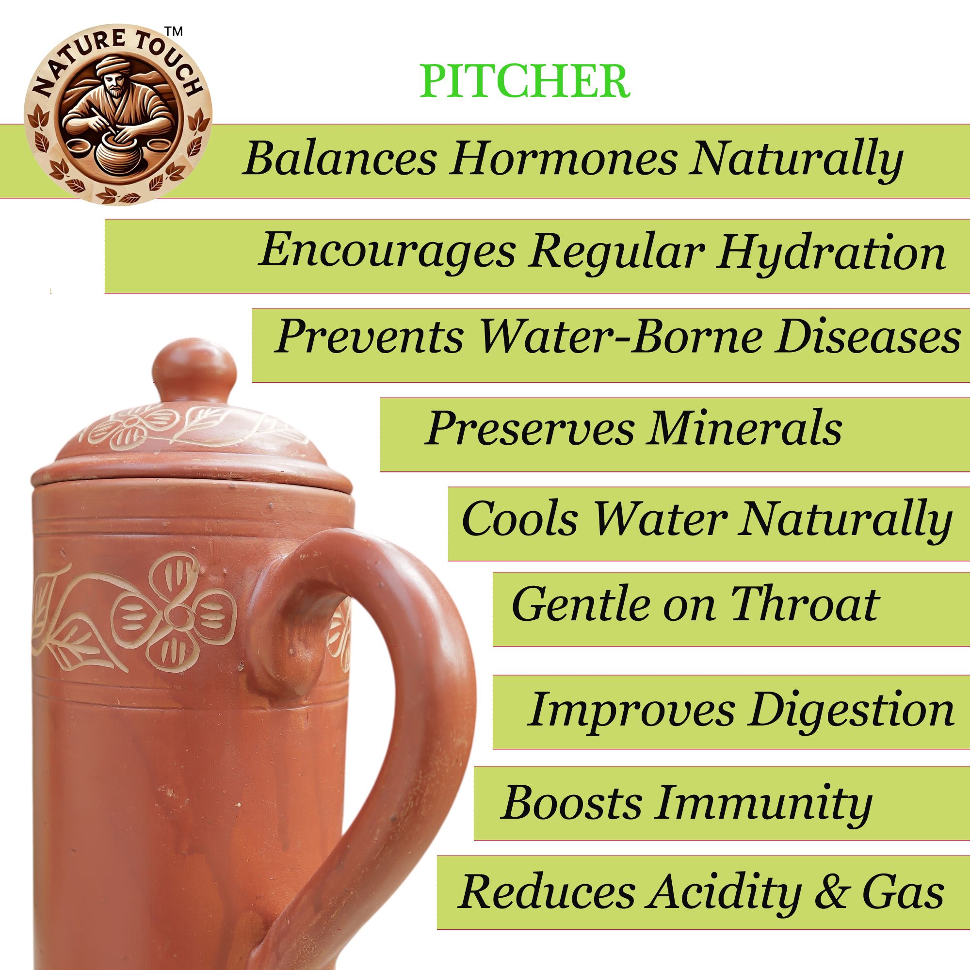 Nature Touch Clay Water Jug for Drinking Water | Handmade Terracotta Pot | Natural Cooling | Traditional Indian Earthenware