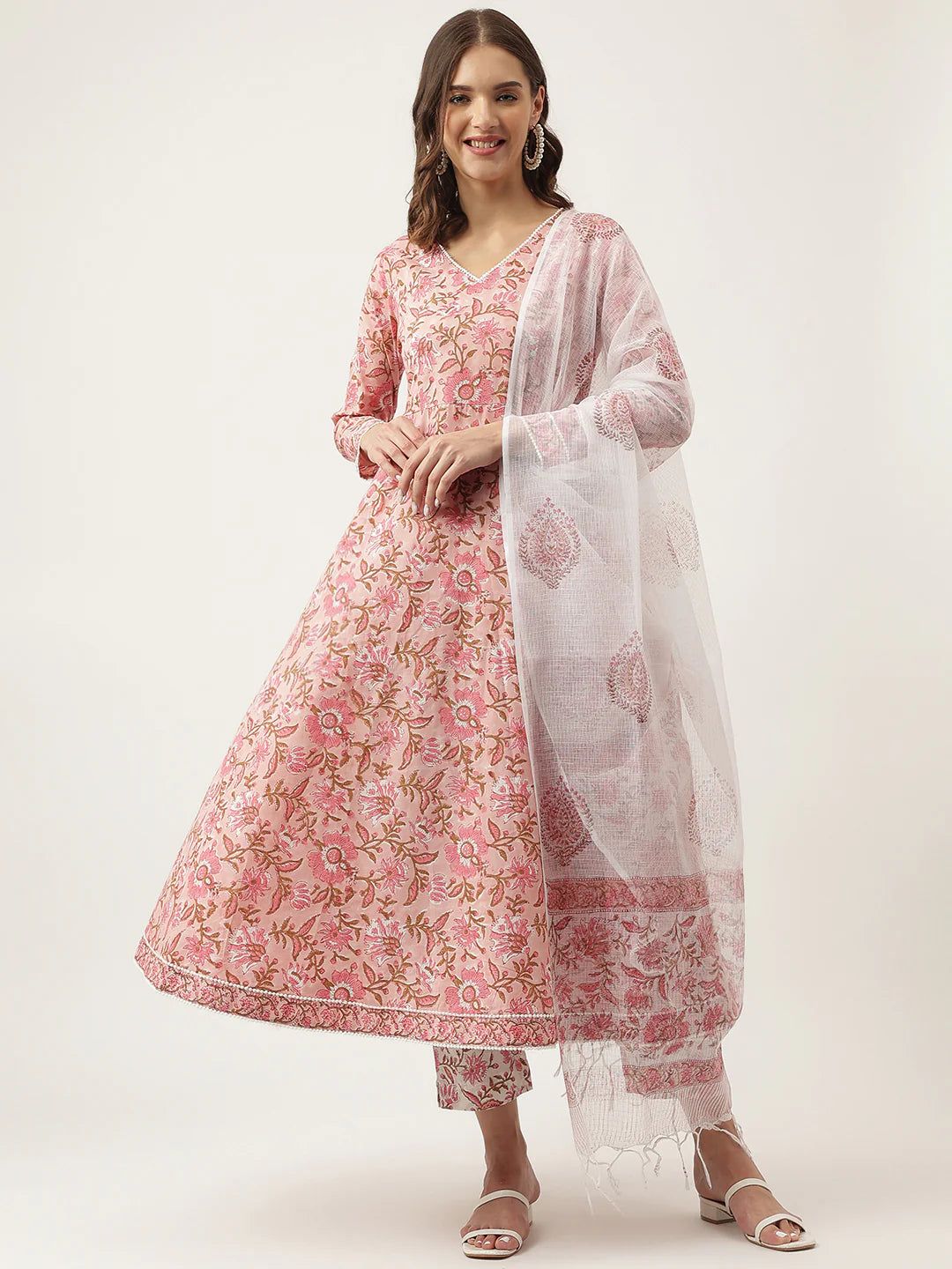Pink Floral HandBlock Printed Cotton Anarkali Kurta, trouser with Dupatta Set-3XL