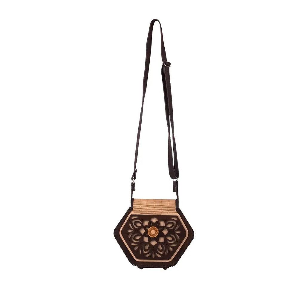 "Elegant Handcrafted Hexagonal Wooden Handbag with Floral Design - Perfect Rakhi Festival Gift"