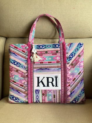 KRI India Distressed Pop Jacquard Fringe KRI Tote bag | Multicoloured  | 16x12 inches  | Wash & Care | 100% Cotton | Handcrafted in India. 100% organic & natural.